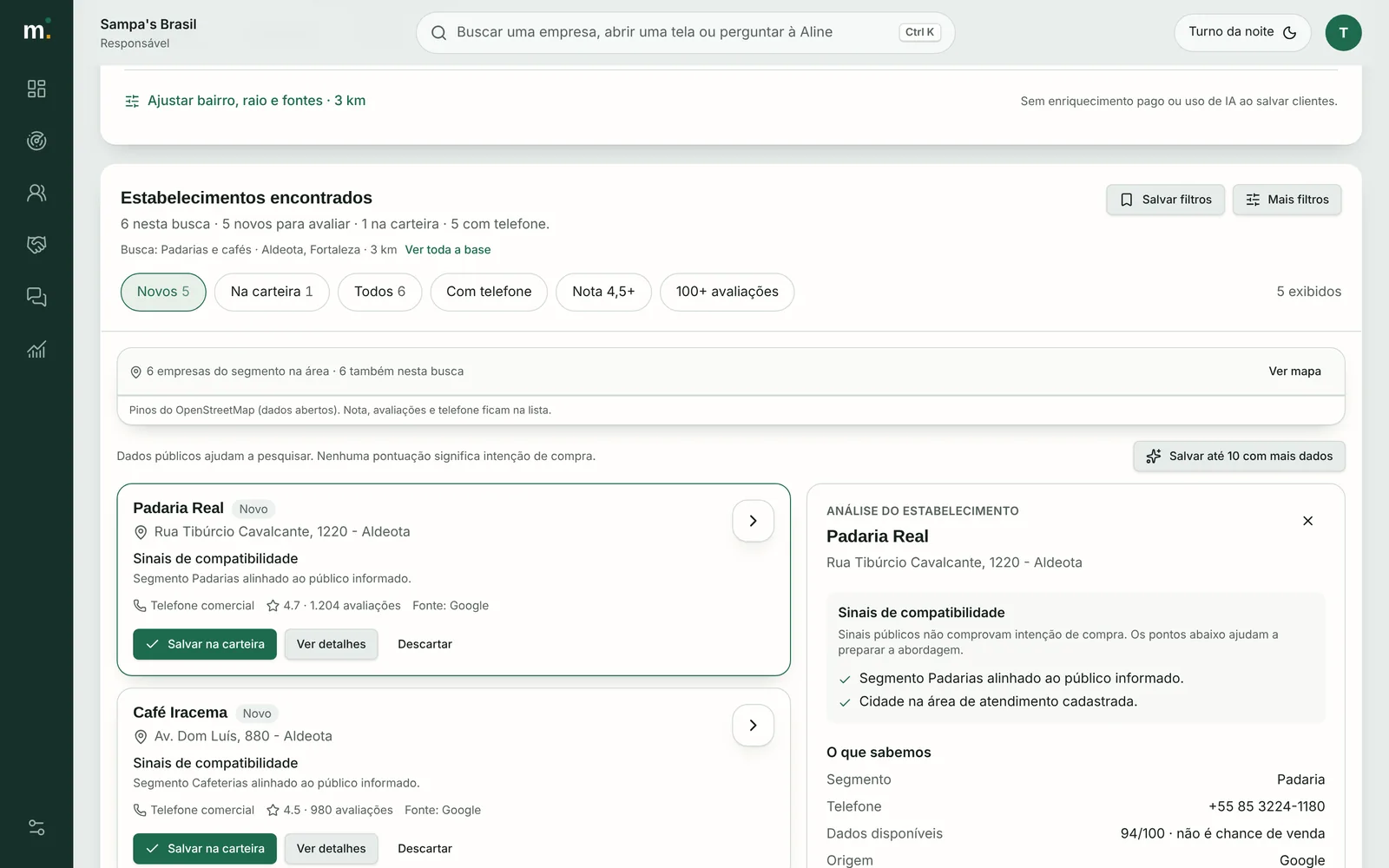 Tela Encontrar do Mesa.ai com padarias e cafés da Aldeota e os sinais de compatibilidade
