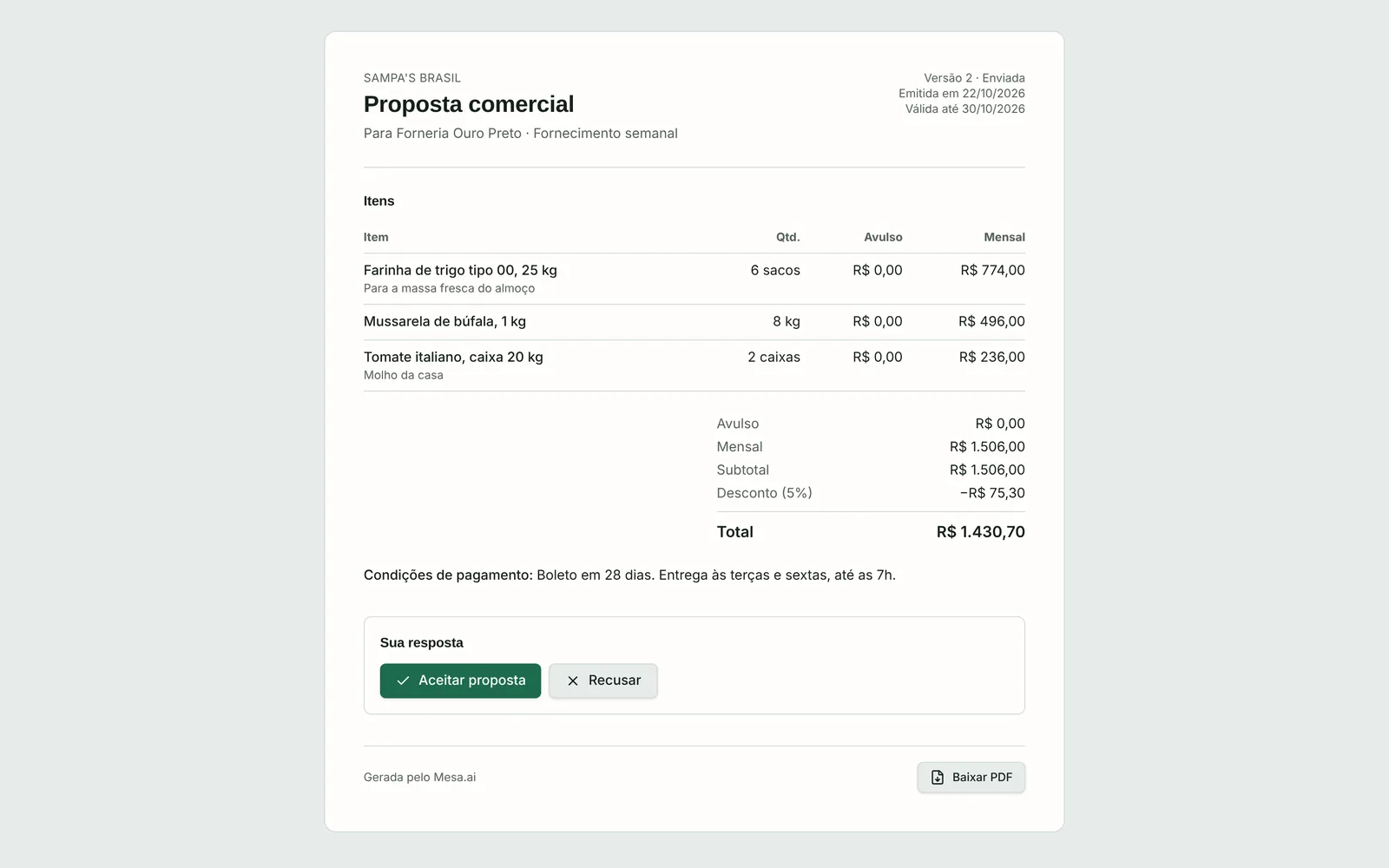 Proposta comercial compartilhada por link, com itens, total e o botão de aceitar
